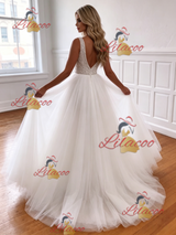 White Tulle V-neck Beading Wedding Dress