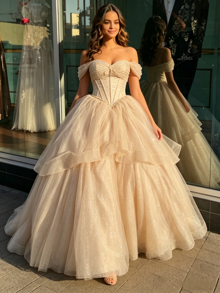 Champagne Tulle Off the Shoulder Beading Quinceanera Dress