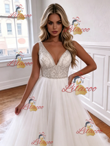 White Tulle V-neck Beading Wedding Dress