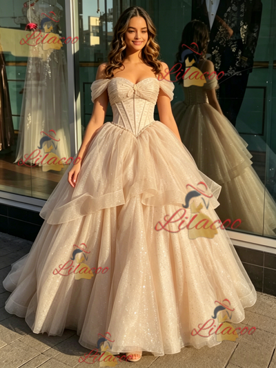 Champagne Tulle Off the Shoulder Beading Quinceanera Dress