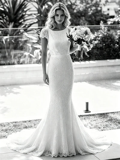 White Mermaid Lace V-neck Wedding Dress