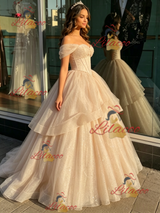 Champagne Tulle Off the Shoulder Beading Quinceanera Dress