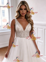 White Tulle V-neck Beading Wedding Dress