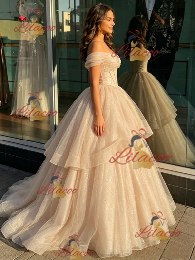Champagne Tulle Off the Shoulder Beading Quinceanera Dress