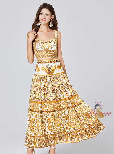 Blue and White Printed Suspender Vest+Length Skirt