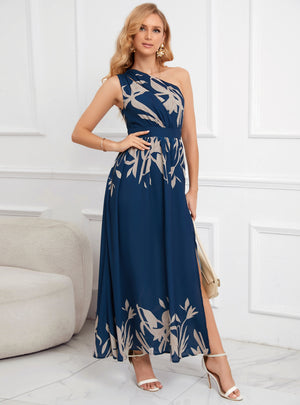 Oblique Shoulder Printed Split Swing Dress