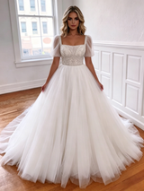 White Tulle Puff Sleeve Beading Wedding Dress