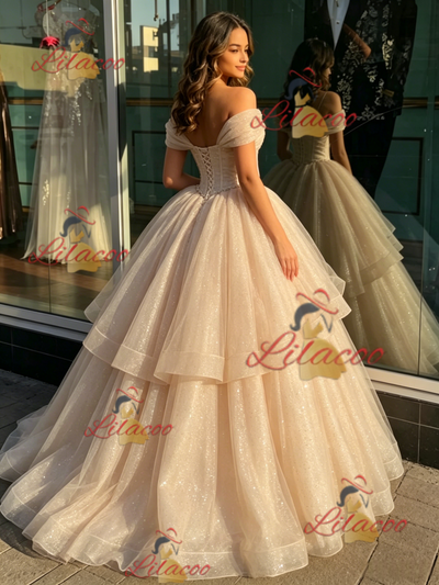 Champagne Tulle Off the Shoulder Beading Quinceanera Dress