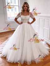 White Tulle Puff Sleeve Beading Wedding Dress
