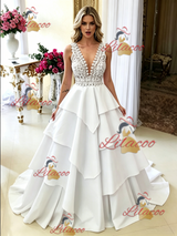 White V-neck Lace Tiers Wedding Dress