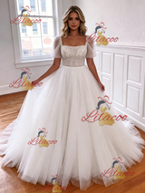 White Tulle Puff Sleeve Beading Wedding Dress