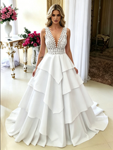 White V-neck Lace Tiers Wedding Dress