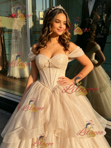 Champagne Tulle Off the Shoulder Beading Quinceanera Dress