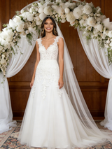 White Lace V-neck Wedding Dress
