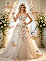 Ivory Tulle Strapless Appliques Wedding Dress