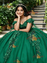 Green Tulle Off the Shoulder Appliques Quinceanera Dress