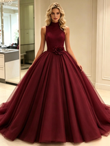 Burgundy Tulle High Neck Flower Prom Dress