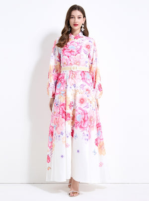 Long Lantern Sleeve Printed Dress