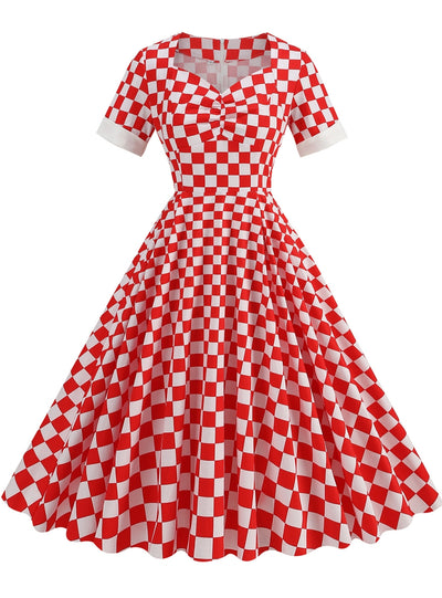 Checkerboard Swing Long Red Dress