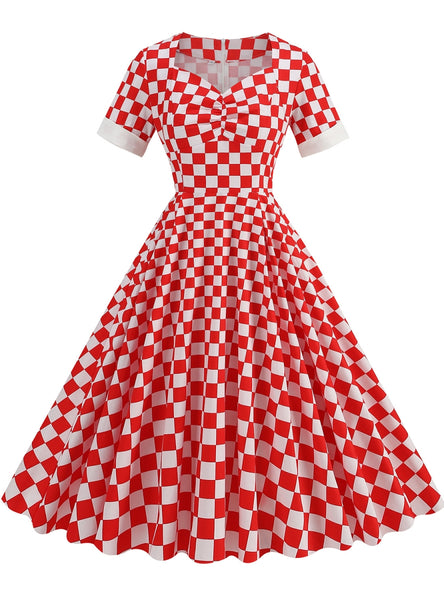 Checkerboard Swing Long Red Dress