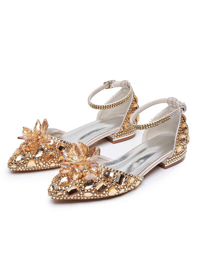 Flat-heeled Pointed Crystal Buckle Bridal Shoes