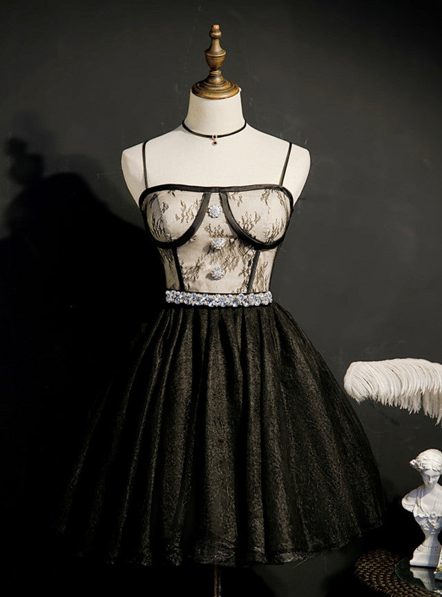 Black Tulle Lace Straps Crystal Homecoming Dress