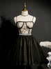Black Tulle Lace Straps Crystal Homecoming Dress
