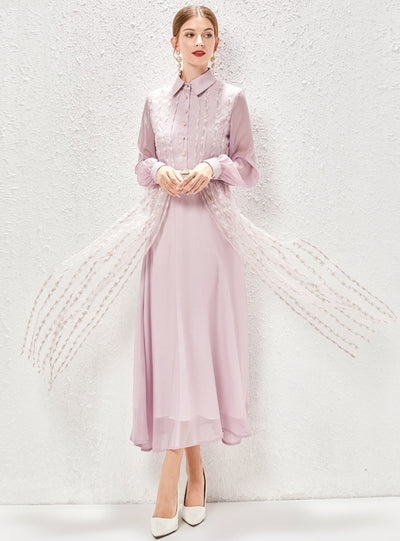 Lapel Lantern Sleeve Gauze Stitching Dress