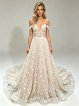 Champagne Lace Off the Shoulder Wedding Dress