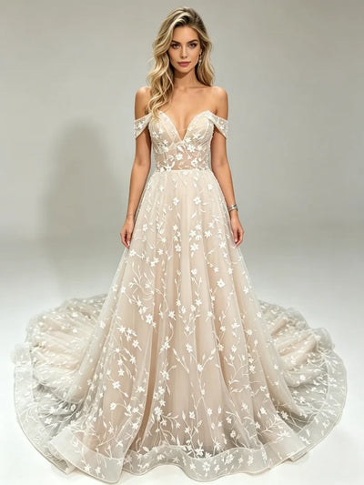 Champagne Lace Off the Shoulder Wedding Dress