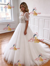 White Tulle Puff Sleeve Beading Wedding Dress