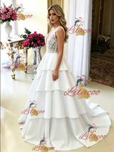White V-neck Lace Tiers Wedding Dress
