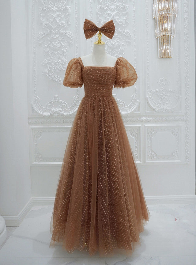 Brown Tulle Wave Point Pleats Prom Dress