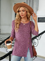 Round Neck Button Split Long Sleeve T-shirt