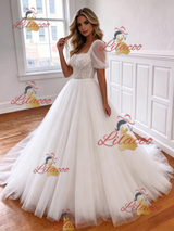 White Tulle Puff Sleeve Beading Wedding Dress