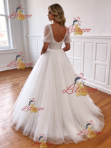 White Tulle Puff Sleeve Beading Wedding Dress