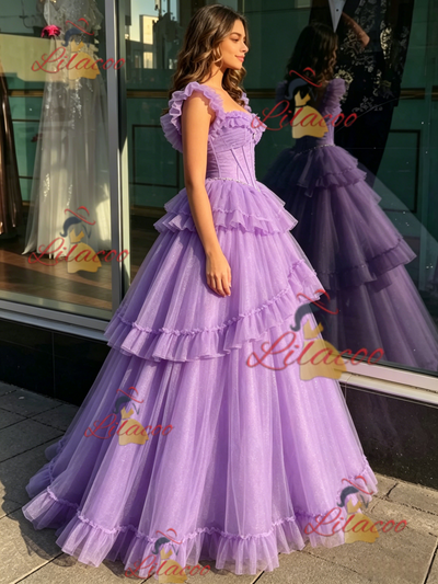 Purple Tulle Straps Beading Quinceanera Dress