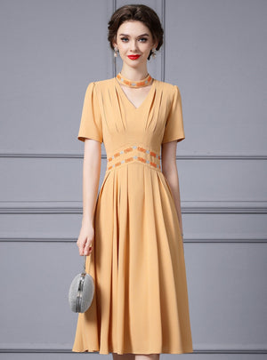 Yellow V-neck Short Sleeve Mother Of The Bride Dress