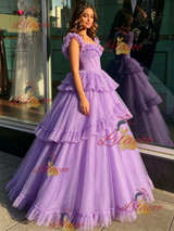 Purple Tulle Straps Beading Quinceanera Dress
