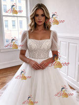 White Tulle Puff Sleeve Beading Wedding Dress