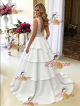 White V-neck Lace Tiers Wedding Dress
