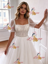 White Tulle Puff Sleeve Beading Wedding Dress