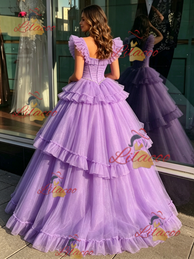 Purple Tulle Straps Beading Quinceanera Dress
