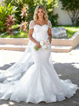 White Mermaid Tulle Lace Appliques Wedding Dress