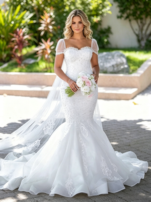 White Mermaid Tulle Lace Appliques Wedding Dress