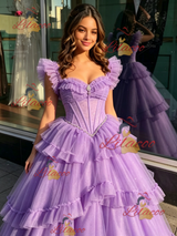 Purple Tulle Straps Beading Quinceanera Dress