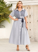 Lapel Striped Short Sleeve Strappy Shirt Dress