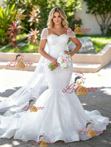 White Mermaid Tulle Lace Appliques Wedding Dress