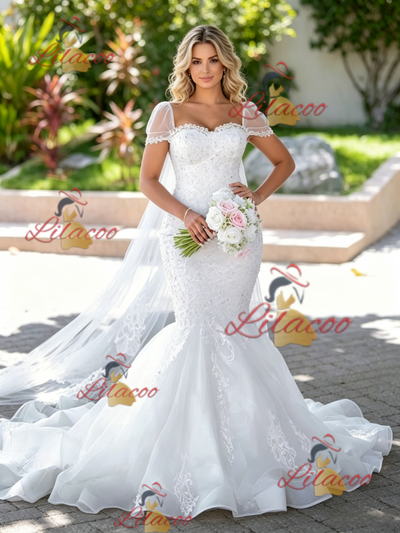 White Mermaid Tulle Lace Appliques Wedding Dress