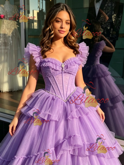 Purple Tulle Straps Beading Quinceanera Dress